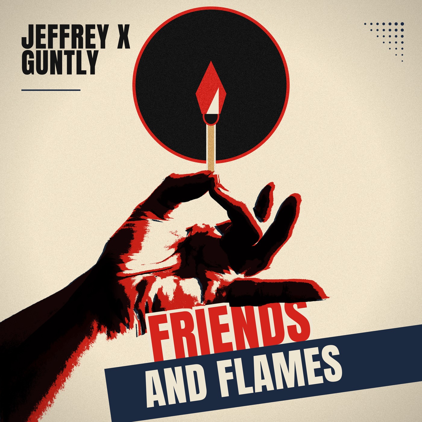 Cover art for Friends and Flames: a hand holding up a lit match against a black sun.